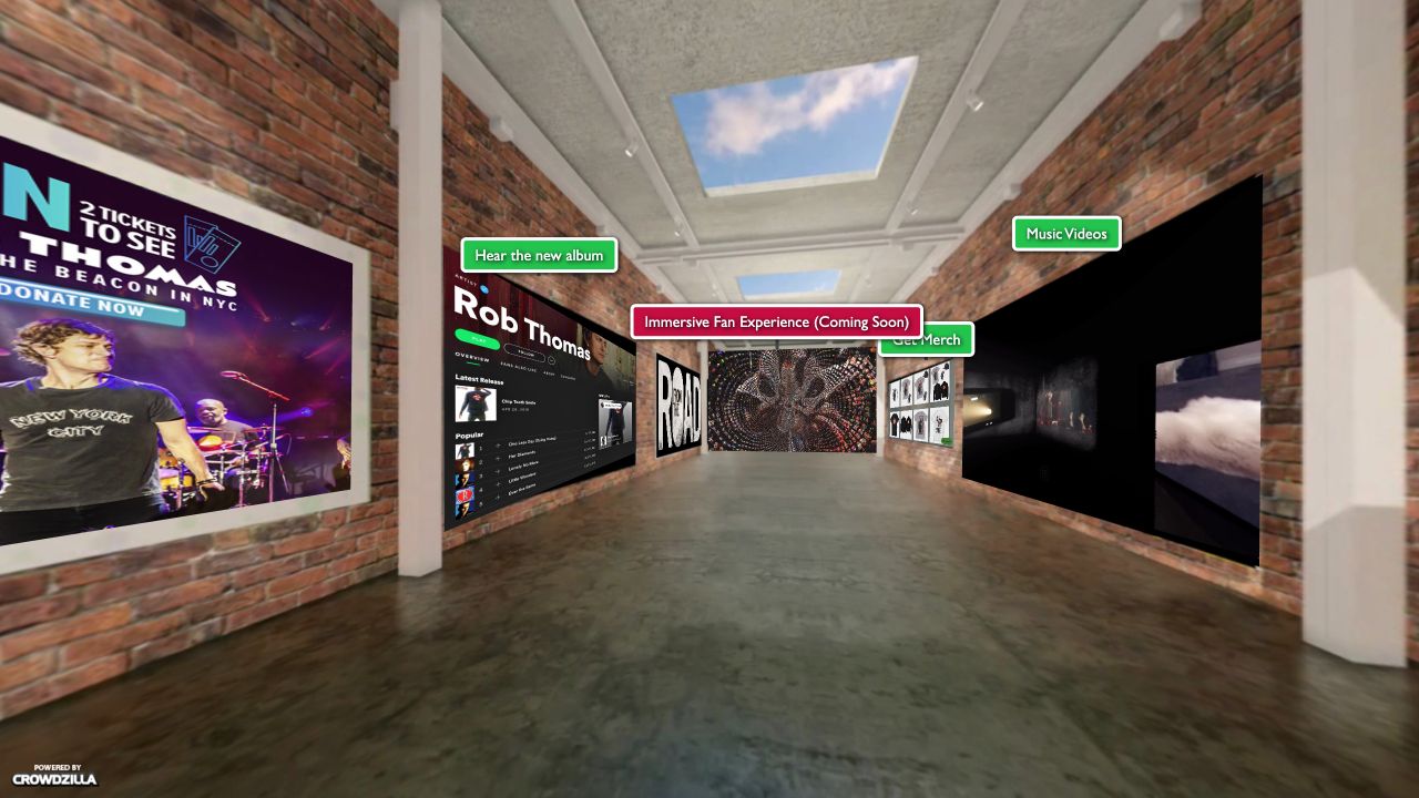 Earlier Rob Thomas demo room capture showing album, music video and merchandise controls, with a Coming Soon label