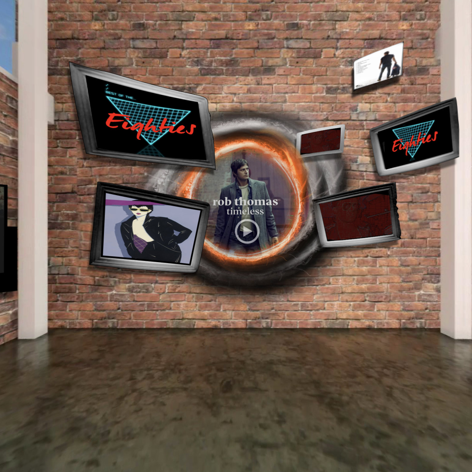 Chip Tooth Smile room artwork with a Timeless video portal and framed imagery